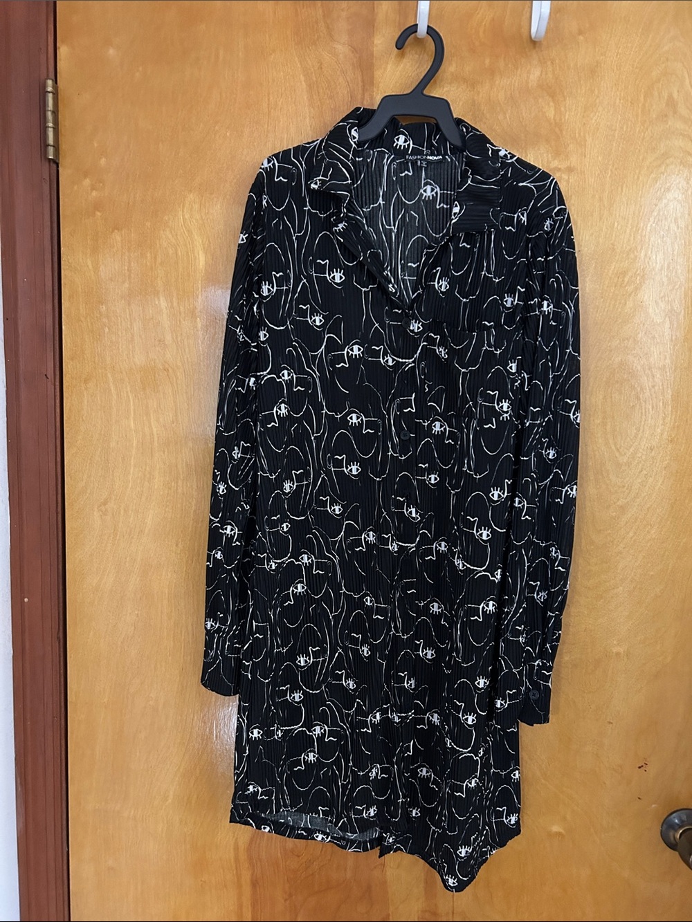 Fashion Nova Button up Black Dress with White Abstract Print - Long Sleeve